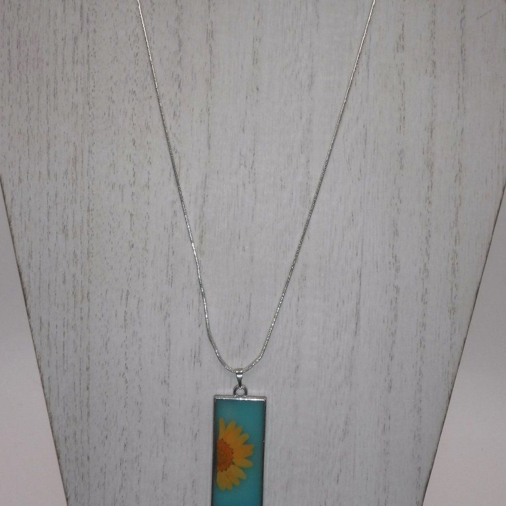 Necklace Rectangle Teal w/ Orange Dried Flower